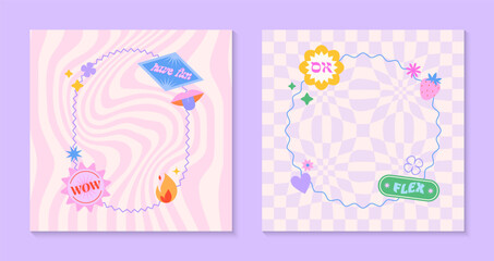 Wall Mural - Vector templates with patches and stickers in 90s style.Modern emblems in y2k aesthetic with chess and wavy backgrounds.Funky designs for banners,social media marketing,branding,packaging,covers