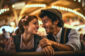 Wall Mural - Oktoberfest Romance: Couple in Traditional Bavarian Attire Embracing the Festival Atmosphere, Generative AI