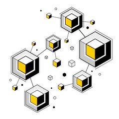 Abstract tech geometric vector background over dark, connected cubes technology network or science theme, digital system abstraction.