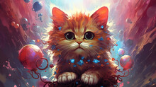 Charming Cartoon Cat On The Background Of Balloons . Fantasy Concept , Illustration Painting.