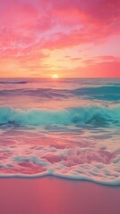 A pink pastel sunset on a beach with waves. Generative AI.