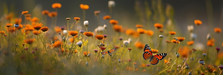 Canvas Print - Butterflies and flowers on a meadow, Generative AI