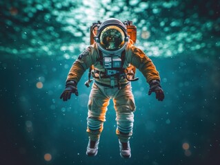 Sticker - An astronaut in a space suit floating in the water. Generative AI image.