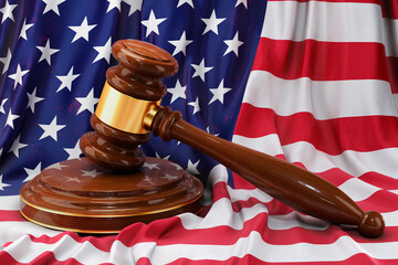 Wall Mural - The United States law and justice concept. Wooden gavel on flag of the USA, 3D rendering