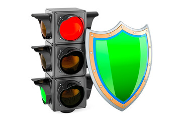 Wall Mural - Traffic light with shield, 3D rendering