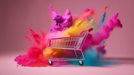 Explosion of colored powder on pink background with shopping cart