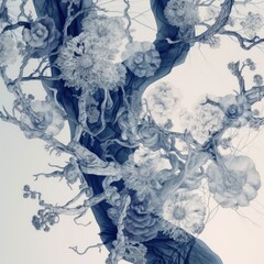 Canvas Print - A black and white photo of a tree with flowers. Generative AI image.