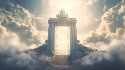 Illustration of a grand gate in the midst of a cloudy sky