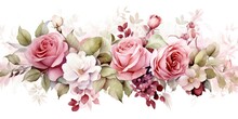 Pink And White Watercolor Roses Border Generative AI