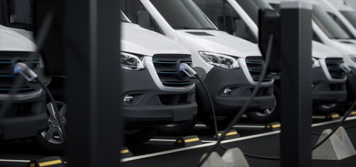 Fleet of generic electric EV delivery vans charging on charging stations