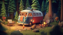 Camper Van Outdoor Picnic Equipment Settled In The Forest, 3d Illustration, Generative Ai Tools 