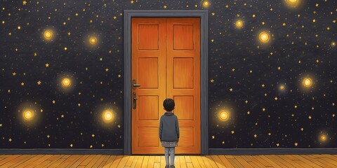 Wall Mural - a person in front of a door with a night sky filled with stars in the background
