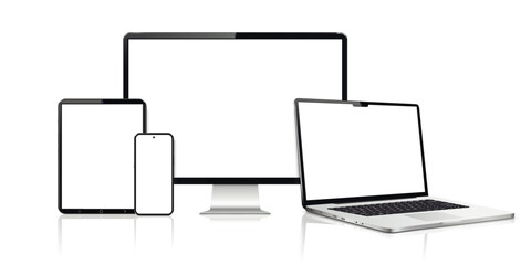 Realistic computer screen, laptop, tablet, phone. Flat lay detailed and realistic devices mockup
