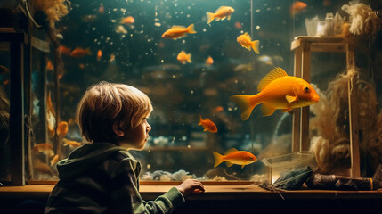 A boy in front of an aquarium with AI generative technology