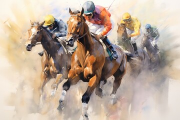 Naklejka na meble Horse racing colorful watercolor illustration, with sprinting horses and jockeys. Horse racing poster.