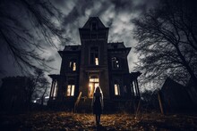 In This Halloween - Themed Photo, The Ominous Ambience Of A Haunted House. Generative AI