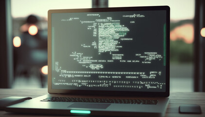 Hacker's laptop, its screen displaying cascading binary code, symbolizing the realm of internet and network security. Generative AI.