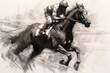 jockey sprinting with the horse, charcoal pencil drawing. Horse racing vintage style horizontal poster.