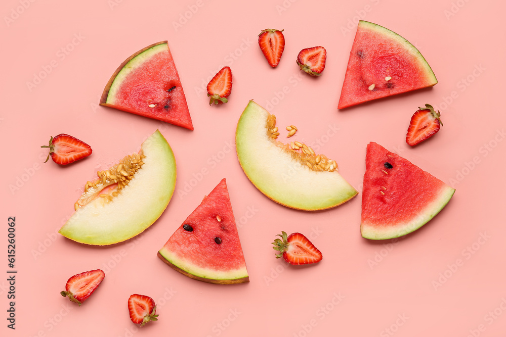 Pieces of fresh watermelon and different berries on pink background