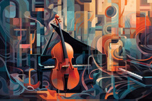 Abstract Music Background Collage Illustration. Cello Next To Piano On Abstract Background. Abstract Colored Music Instruments. Ai Generative.