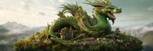 A Large Green Dragon Sitting On Top Of A Lush Green Hill. Generative AI Image.