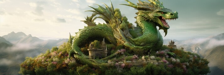 Canvas Print - A large green dragon sitting on top of a lush green hill. Generative AI image.