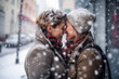 © Lubo Ivanko - Lesbian couple on a winter day, wearing warm clothes - smiling happy, kissing, snow falling around, their faces together, intimate candid moment. Generative AI