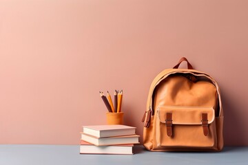 A neatly arranged school bag and books on a table, offering ample copy space for creativity