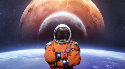 Poster - Sci-fi collage with astronaut, Earth, Mars planet and Moon. Spaceman on near Earth. Future space missions. Elements of this image furnished by NASA