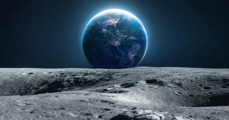 Moon and Earth. Moon with craters in deep black space. Moonwalk. Earth at night. Elements of this image furnished by NASA