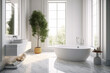 Full of sun light white minimalistic bathroom with large plant and window