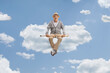 Pensioner sitting on a cloud and holding a walking cane