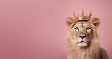 Lion With A Pink Crown Against Pink Background. Strength, Power, Diversity, Identity Concept. Ai Generative