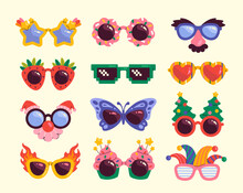 Funny Glasses Set. Masquerade Eyeglasses On Nose In Form Of Clown, Christmas Tree, Strawberries And Cake. Carnival Masks For Fancy Party. Cartoon Flat Vector Collection Isolated On White Background