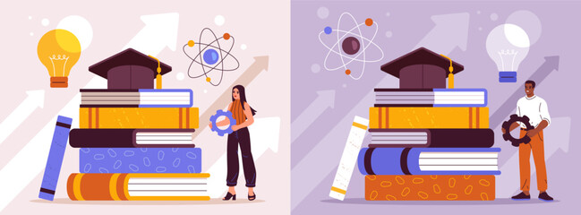 People develop knowledge. Set with man and woman learn new skills, inspire and improve job qualifications. Education and learning. Characters with books and ideas. Cartoon flat vector illustrations