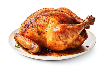 Whole roasted chicken on a white background. Grilled chicken. Ai generative.