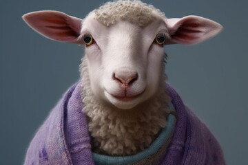 Wall Mural - Anthropomorphic baby sheep dressed in human clothing. Humanized animal concept. AI generated, human enhanced