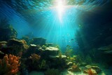 Fototapeta Do akwarium - Transparent water, underwater sea background. Mockup or backdrop with sunbeams under water. AI generated, human enhanced