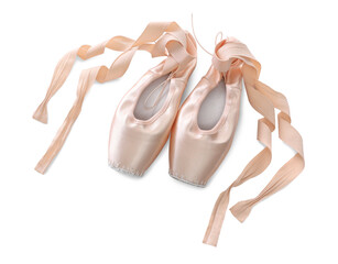 Beautiful beige ballet shoes with cute ribbons isolated on white, top view