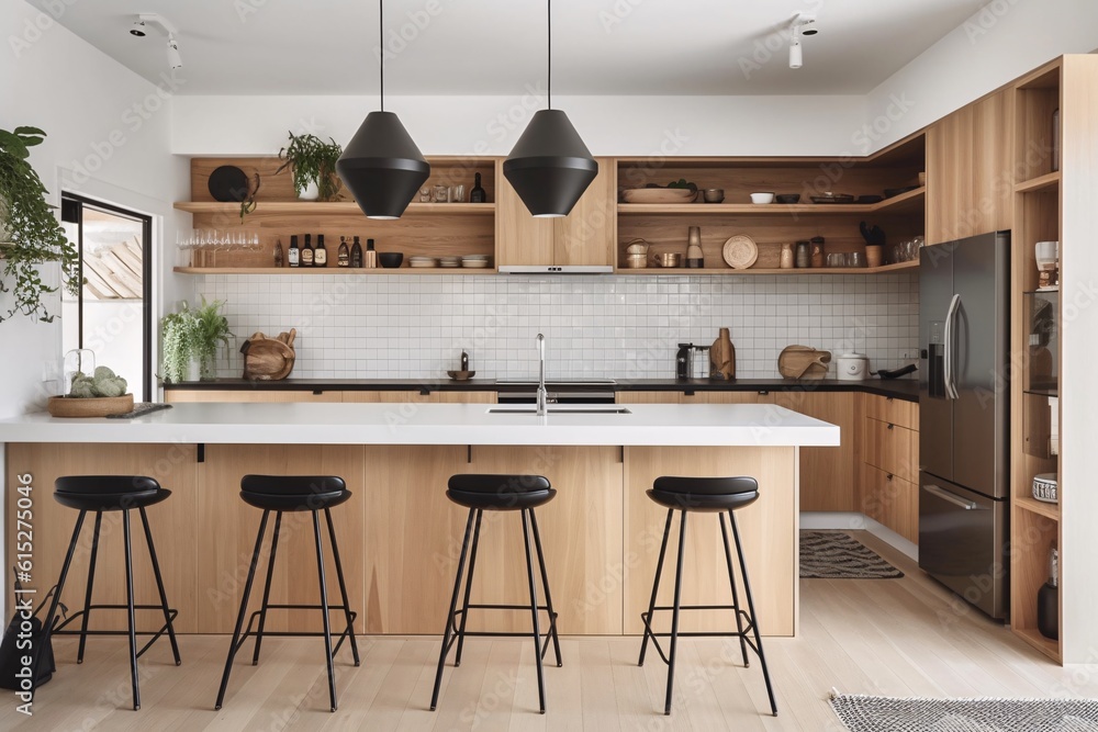 Interior of modern kitchen with white and wooden walls, floor, white ...