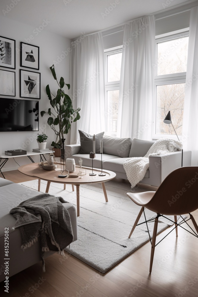 Modern living room interior in scandinavian style with gray sofa ...