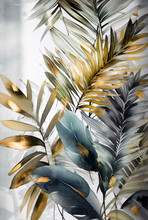 Set Of Tropical Plant Leaves And Golden And Black Green On A White Background - Generated AI