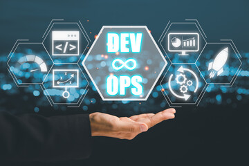 devops concept, person hand holding devops icon on vr screen, methodology development operations agi
