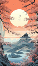Generative AI Beautiful Japanese Landscape With Pagoda, Mountains And Cherry Blossom