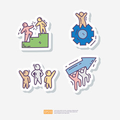 Team Work. Contains team goal, motivation, working group, management, collaboration, cooperation. Hand drawn doodle sticker icon set vector illustration