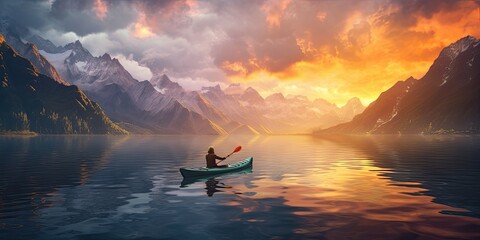 Wall Mural - Kayak into the sunset. Canoe mountain landscape. Pristine river lake at dawn. Serene boat ride.