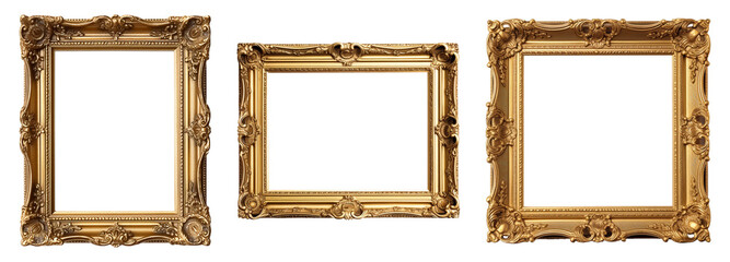 antique carved gilded frame isolated on white background. vintage golden rectangle frame for photo. 