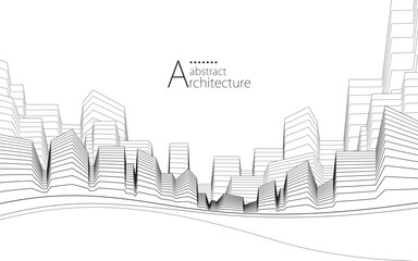 Aufkleber - 3D illustration, abstract modern urban landscape line drawing, imaginative architecture building construction perspective design.