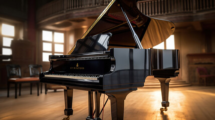 Old grand piano on the stage. Generative Ai