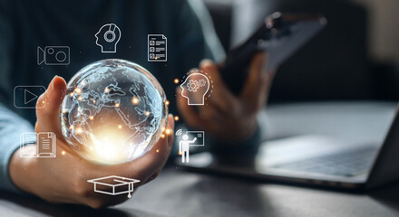Wall Mural - human hold global technology internet learning and study online class technology network, e-learning